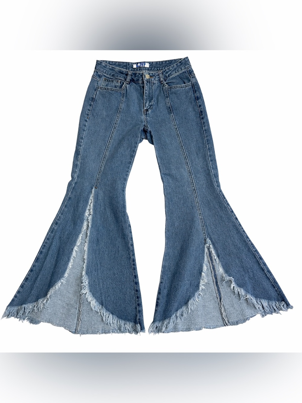 SJYP Boho Festival Wear Wide-Leg Frayed Split Leg Denim Jeans - Size S